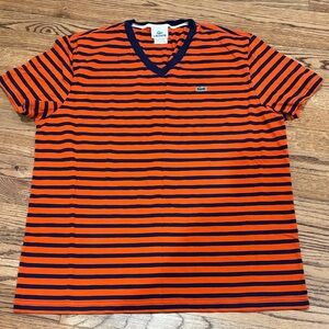 Lacoste Men's Striped Orange and Black Tee size7/XL